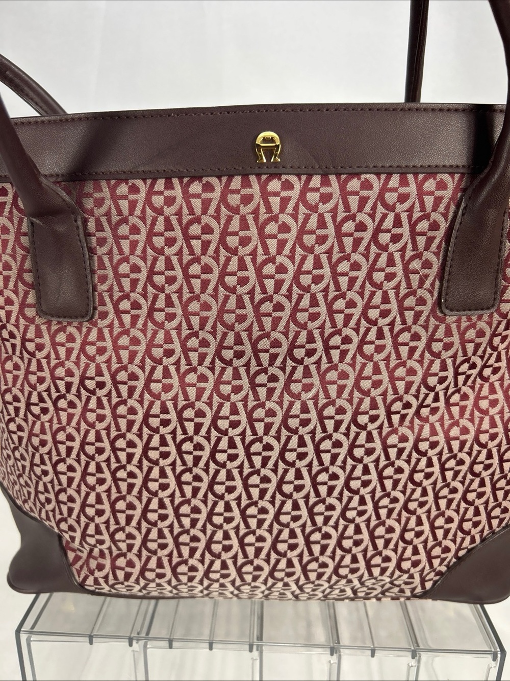 Etienne Aigner Burgundy Patterned Tote with Brown Trim